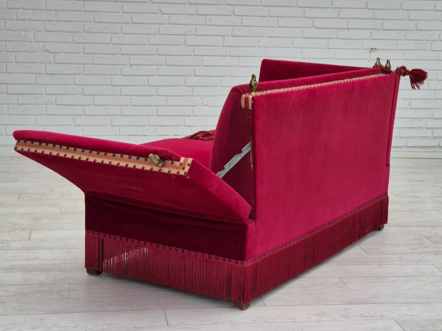 1970s, Danish velour 2 seater drop arm sofa, cherry-red velour, original condition.