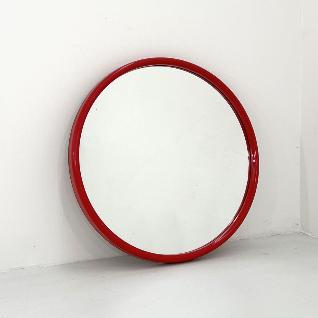 Round Red Frame Mirror in Plastic, 1970s