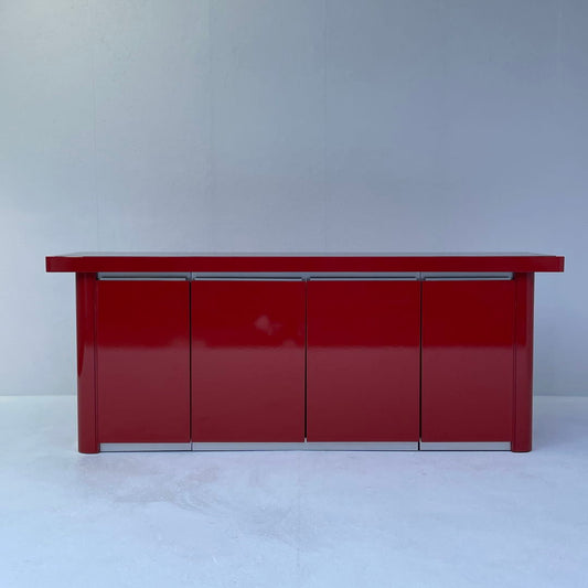 Italian red laquered side board with smoked mirrored glass top