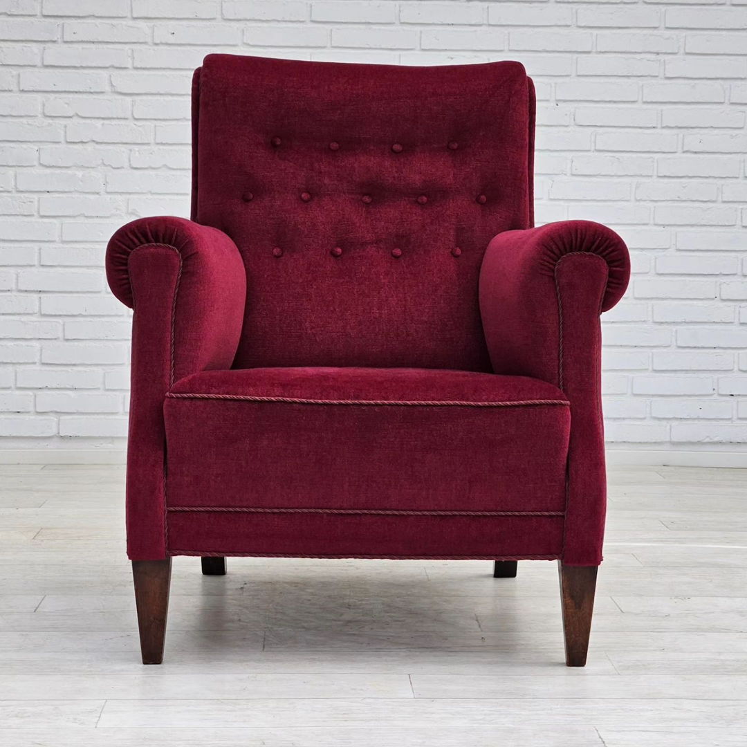 1950s, Danish vintage armchair in cherry-red velvet, original condition.