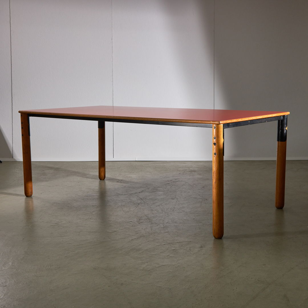 Large Wooden Table with Matte Colour Top and Metal Elements