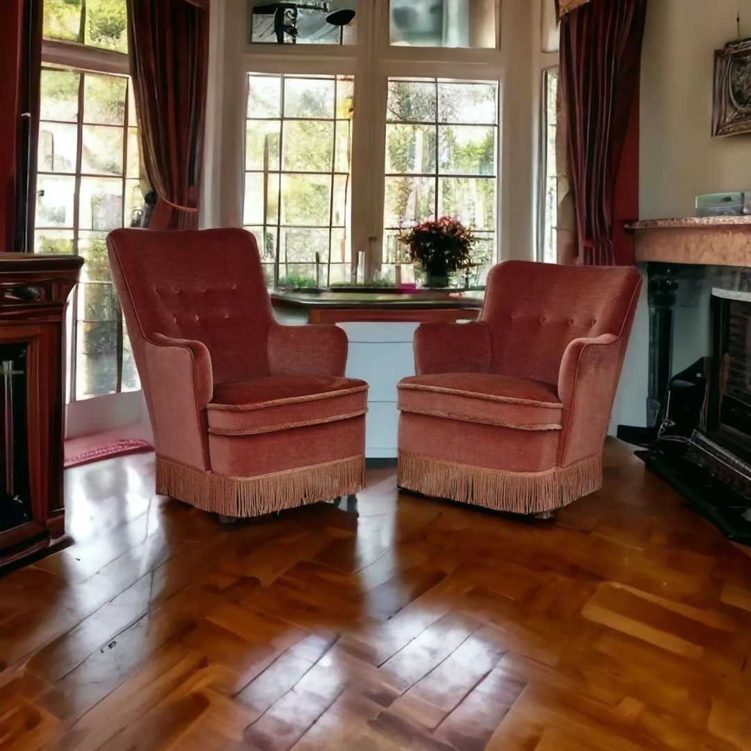 1970s, Danish set of two velour armchairs, original condition, beech wood.