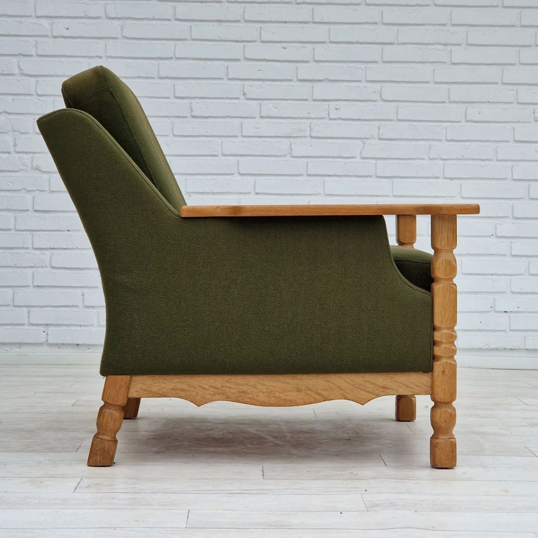 1970s, Danish design, lounge chair in green furniture wool, oak wood.