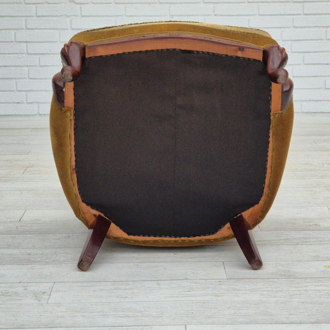 1950s, Danish highback armchair, original upholstery, green velour.