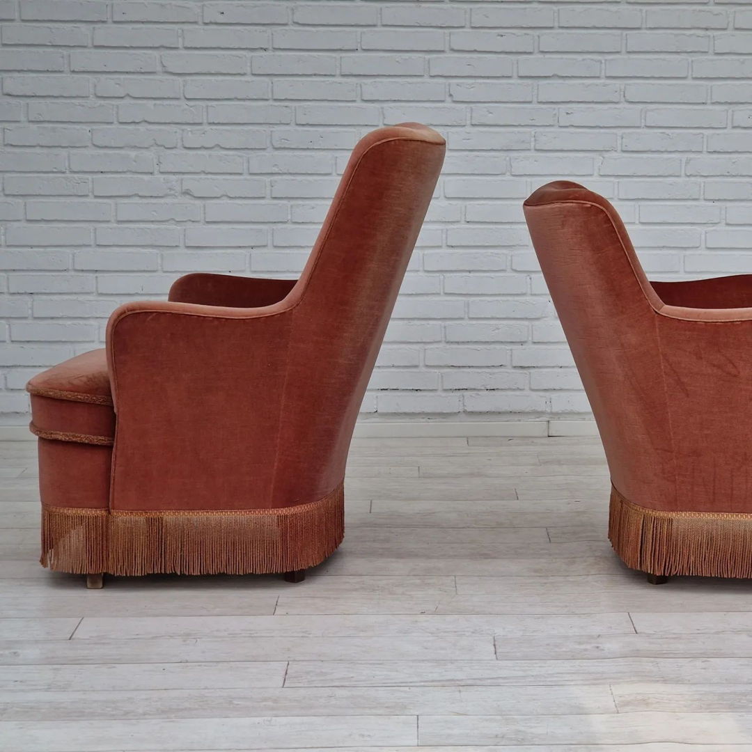 1970s, Danish set of two velour armchairs, original condition, beech wood.