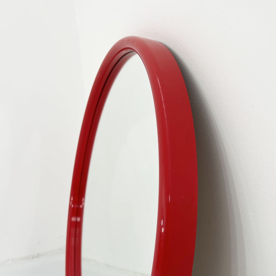 Round Red Frame Mirror in Plastic, 1970s