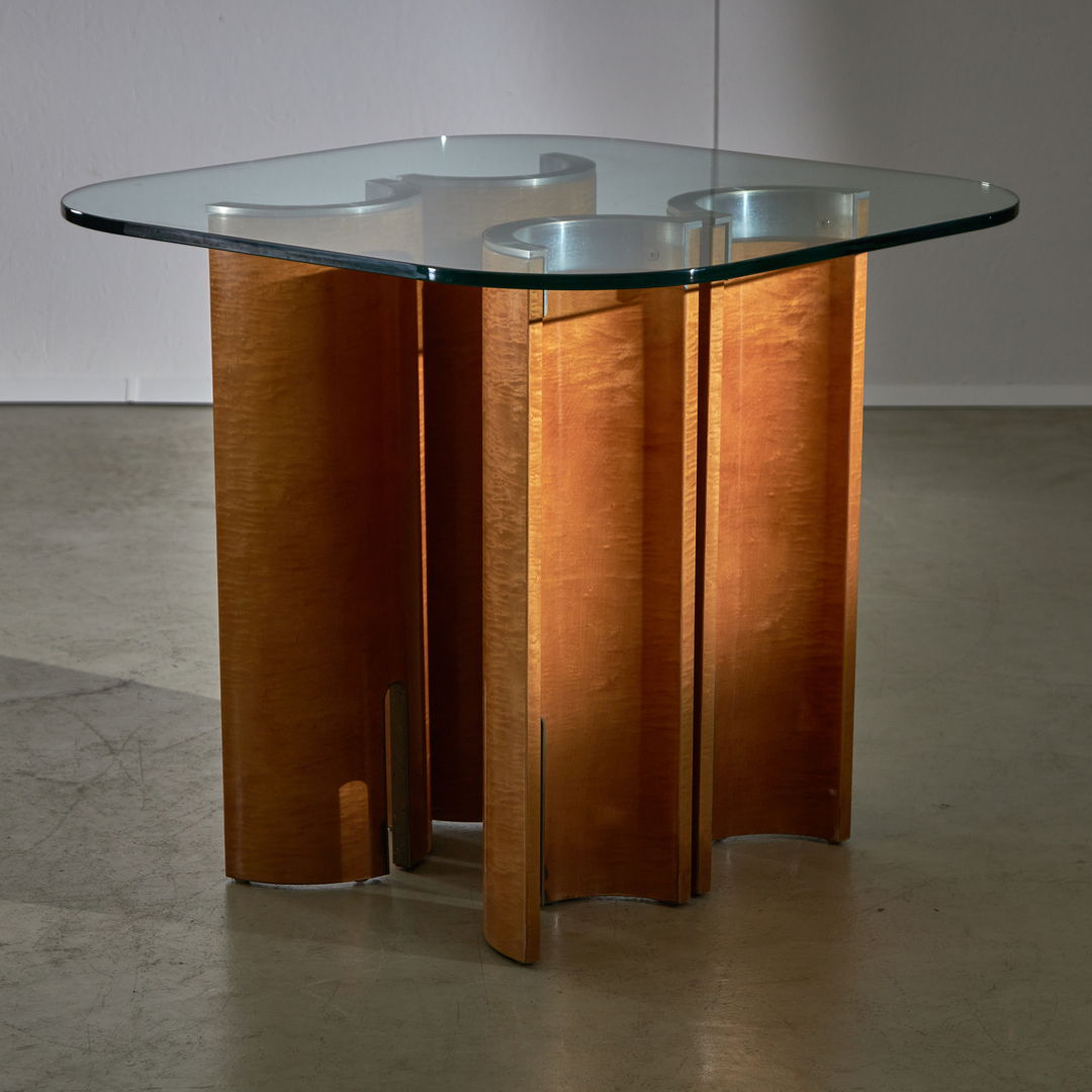 Glass Table with Bent Legs and Chrome Details