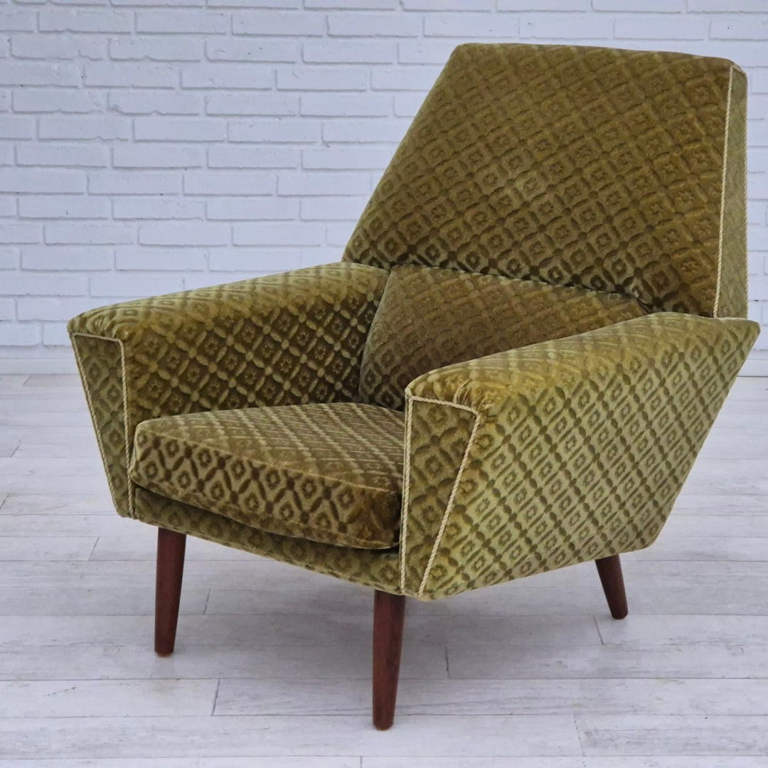 1970s, Danish highback armchair by Georg Thams, original upholstery, green velour, teak wood.