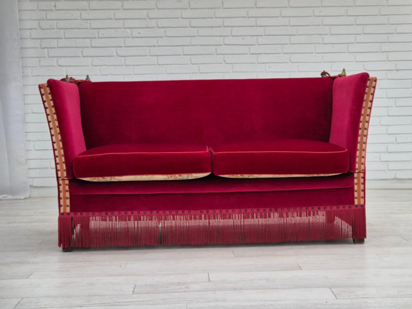 1970s, Danish velour 2 seater drop arm sofa, cherry-red velour, original condition.