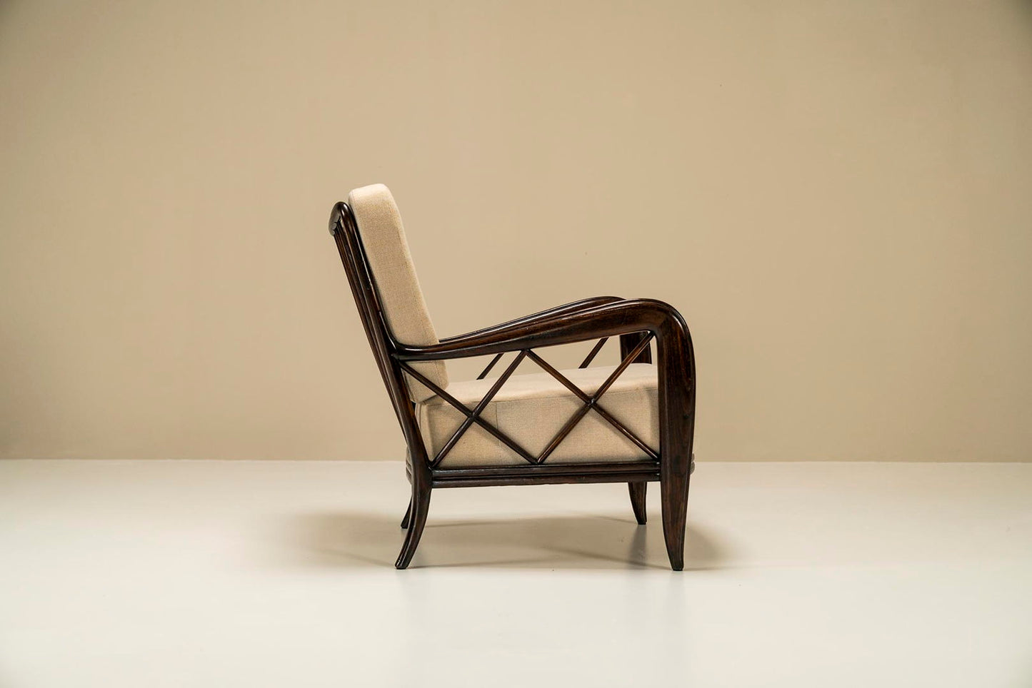 Set Of Two Paolo Buffa Lounge Chairs In Ebonized Wood And Beige Upholstery, Italy 1940s