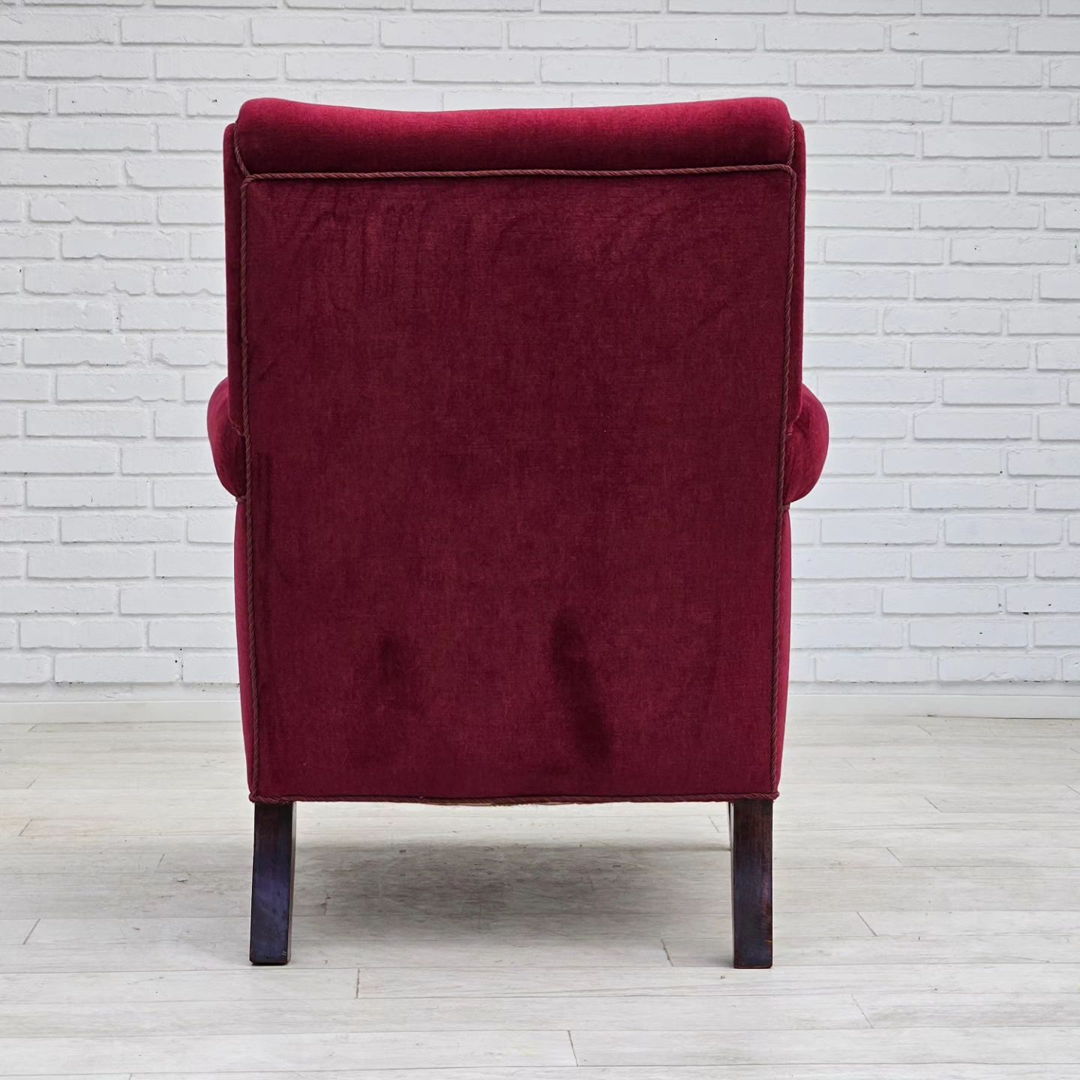 1950s, Danish vintage armchair in cherry-red velvet, original condition.