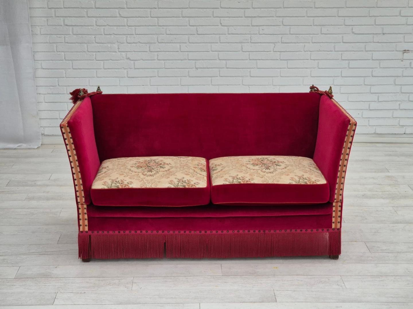 1970s, Danish velour 2 seater drop arm sofa, cherry-red velour, original condition.