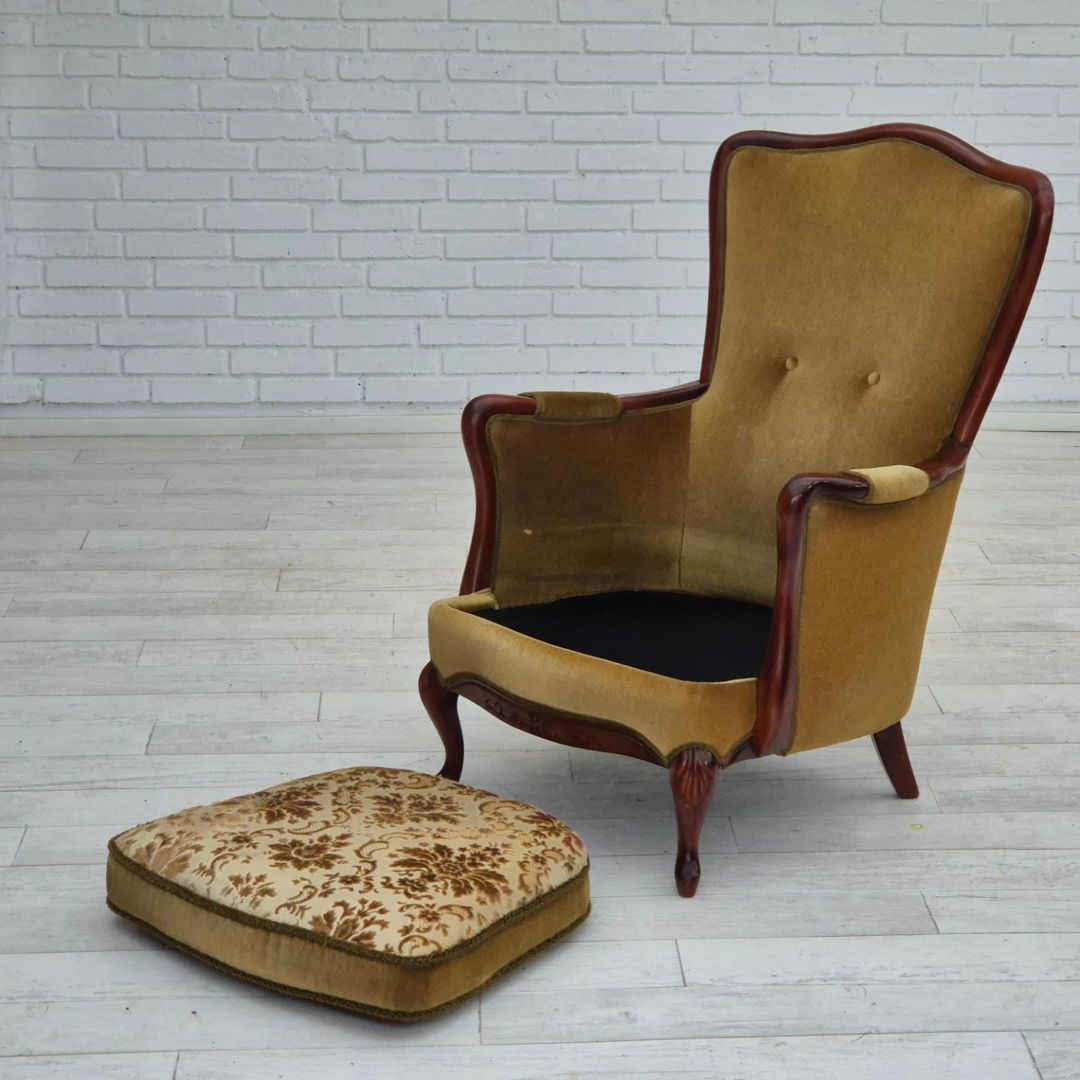 1950s, Danish highback armchair, original upholstery, green velour.