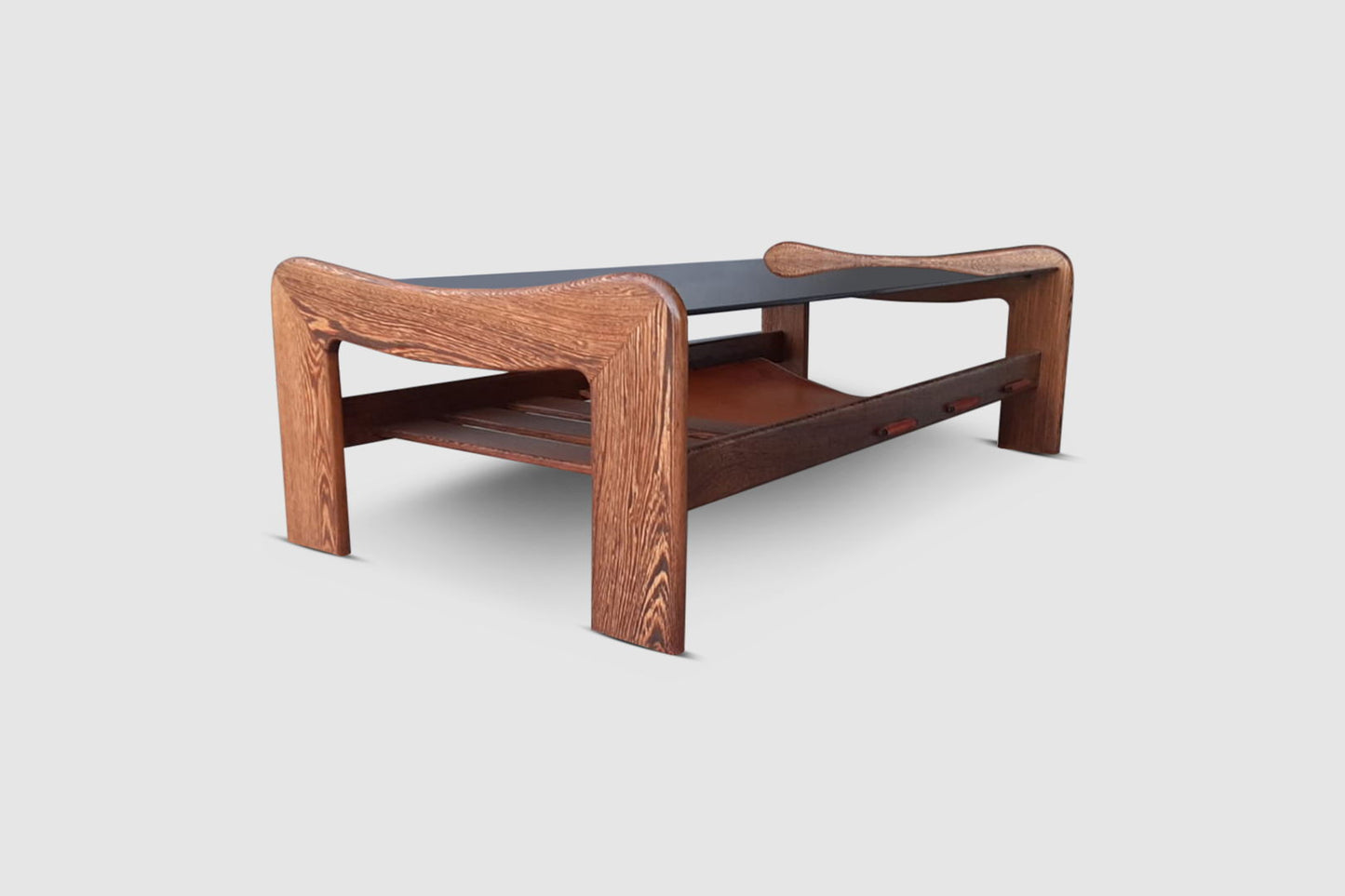 Wengé, leather and glass coffee table in the manner of Percival Lafer 1970s