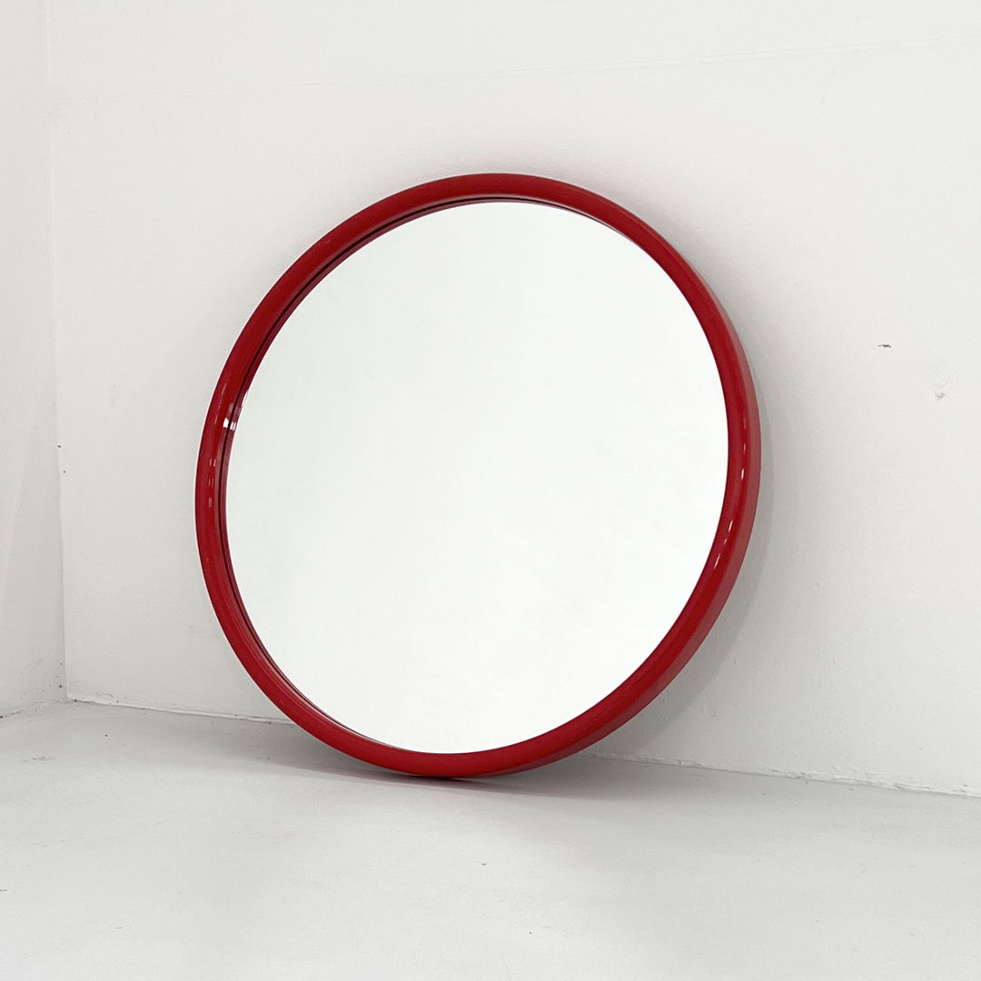 Round Red Frame Mirror in Plastic, 1970s